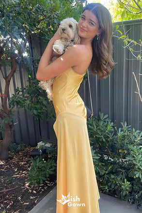 Gorgeous Spaghetti Straps Yellow  Satin Sheath Long Prom Dresses ,WGP1050