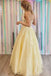 Elegant Yellow A-Line Spaghetti Straps V Neck Lace Applique Maxi Long Party Prom Gowns,Evening Dresses,WGP393