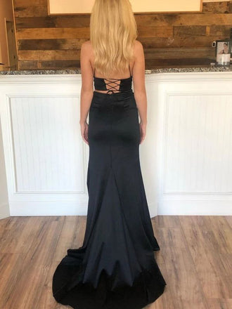Sexy Black Mermaid Spaghetti Strap Side Slit Long Sleeve Popular Long Evening Dresses, Formal Dresses, Birthday Party, WGP650