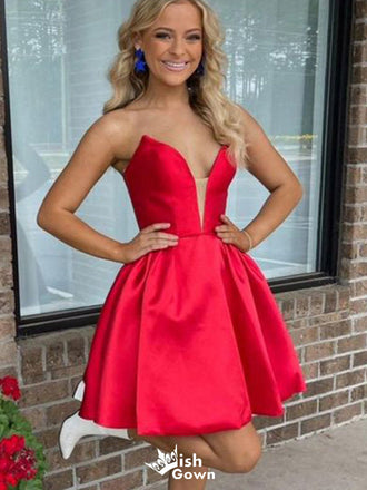Elegant V-neck Notched Strapless A-line Short Mini Homecoming Dress,EPT367
