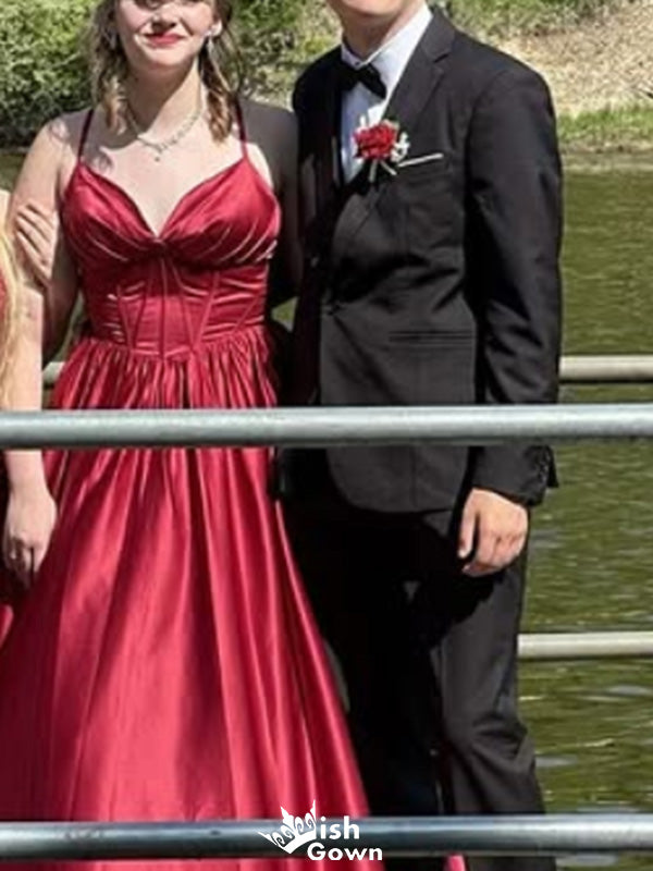 Elegant Spaghetti Strap V-neck A-line Long Prom Dress Ideas, Evening Party Dresses,WGP1514
