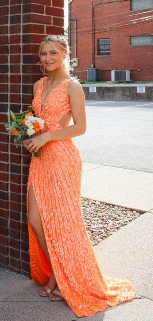 Elegant Orange V-Neck Mermaid Side Slit Long Prom Dress Ideas, Evening Party Dresses,WGP1803