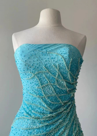 Stylish Light Blue Strapless Straight Neck Mermaid Long Party Dress Prom Dresses,Evening Dress Online, WGP909