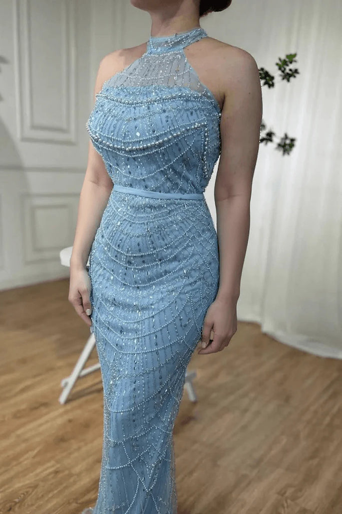 Sparkly Blue High Neck Mermaid Long Prom Dress Ideas, Evening Party Dresses,WGP1885