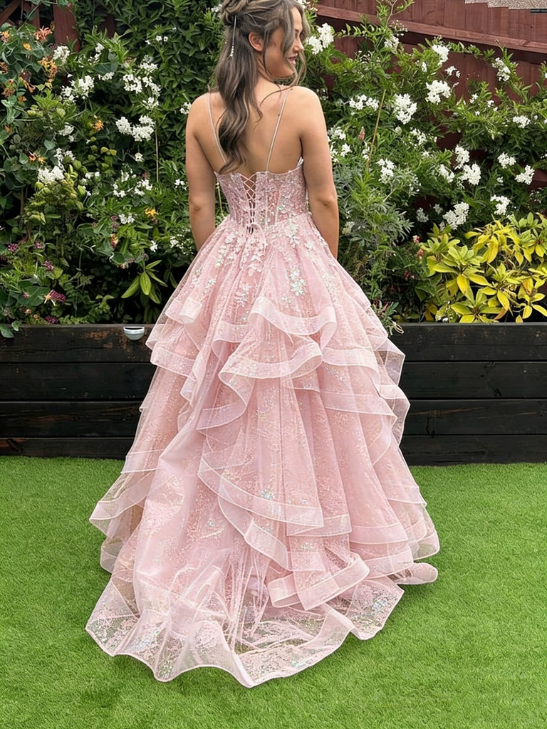 Beautiful Blush Pink Lace Prom Dress V-Neck Spaghetti Straps Ruffled Tulle Ball Gown,WGP2053