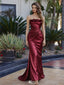 Fancy Wine Red Satin Column Prom Dress with Floral Applique Strapless Neckline,WGP2118