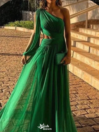 Elegant Green One-Shoulder A-Line Long Prom Dress Ideas, Evening Party Dresses,WGP1636