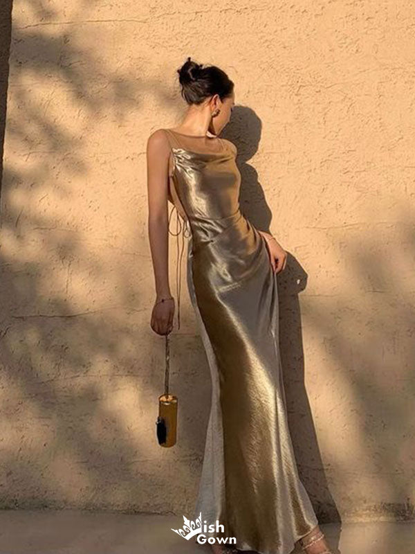Sexy Gold Spaghetti Strap Mermaid Long Prom Dress Ideas, Evening Party Dresses,WGP1766
