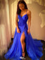 Elegant Blue Spaghetti-Strap A-Line Side Slit Long Prom Dress Ideas, Evening Party Dresses,WGP1628