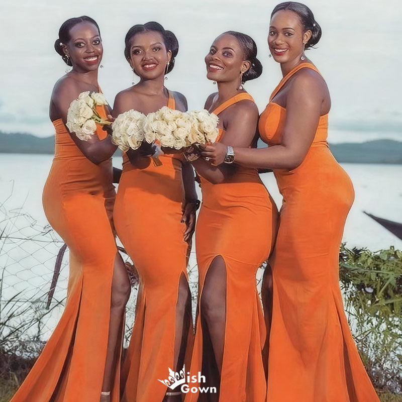 Elegant Orange One-Shoulder Sleeveless Mermaid Long Bridesmaid Dresses Online, WGM428