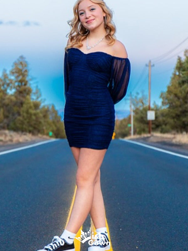 Casual Off-shoulder Long sleeves Sheath Short Mini Homecoming Dress,EPT396