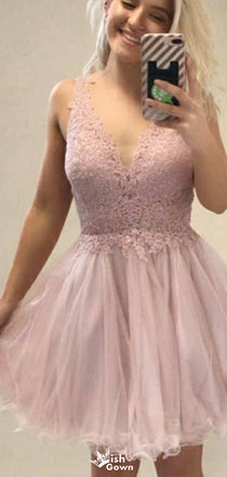 Elegant V-neck Lace A-line Short Mini Homecoming Dress,EPT418