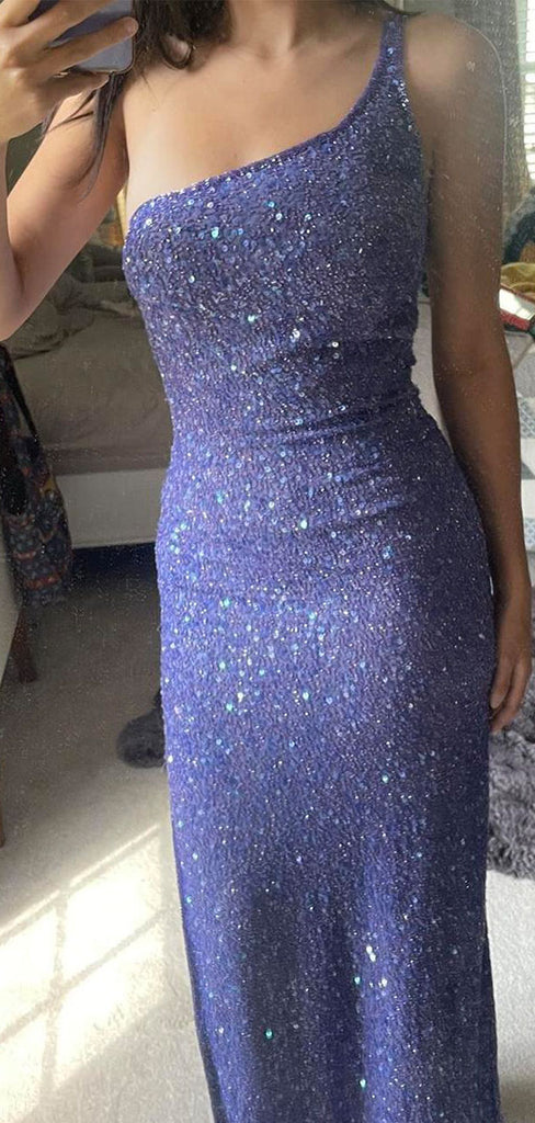 Shiny Blue One-Shoulder Mermaid Long Prom Dress Ideas, Evening Party Dresses,WGP1720