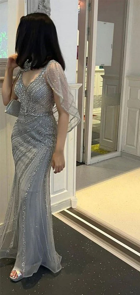 Shiny Blue V-Neck Mermaid Long Prom Dress Ideas, Evening Party Dresses,WGP1707