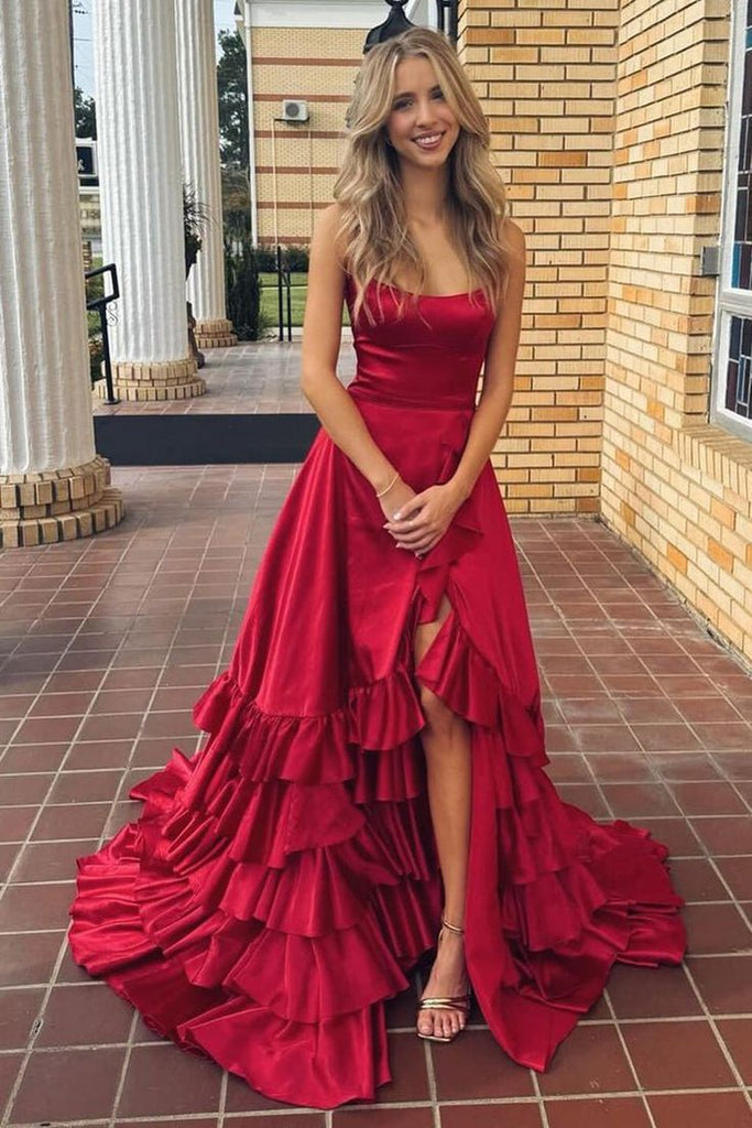 Pretty Rose Pink Spaghetti Strap Satin High Low Prom Dress with Tiered Ruffles,WGP2101