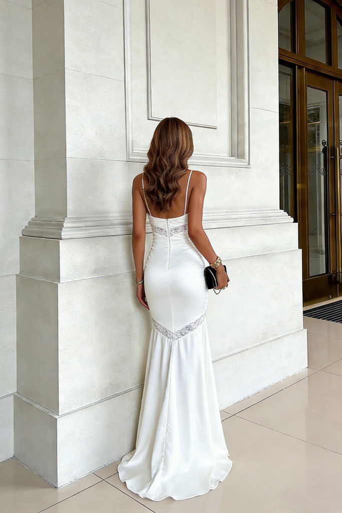 Classy White V-Neck Satin Prom Dress Lace Inset Slender Mermaid Gown,WGP2149