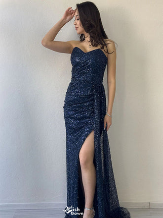 Shiny Blue Sweetheart Mermaid Side Slit Long Prom Dress Ideas, Evening Party Dresses , WGP1583