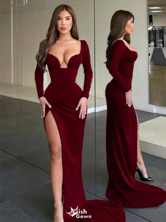Sexy Red Long Sleeve Mermaid Side Slit Long Prom Dress Ideas, Evening Party Dresses, WGP1574
