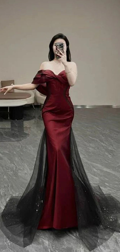 Elegant Red Off-Shoulder Mermaid Long Prom Dress Ideas, Evening Party Dresses,WGP1668