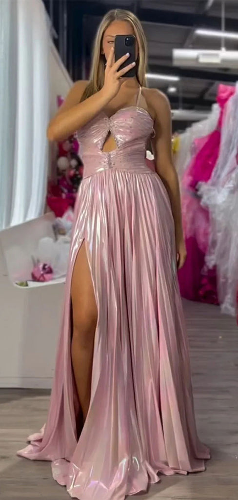 Elegant Pink Spaghetti Strap A-Line Side Slit Long Prom Dress Ideas, Evening Party Dresses,WGP1646