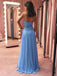 Elegant Blue Spaghetti-Strap A-Line Long Prom Dress Ideas, Evening Party Dresses,WGP1630