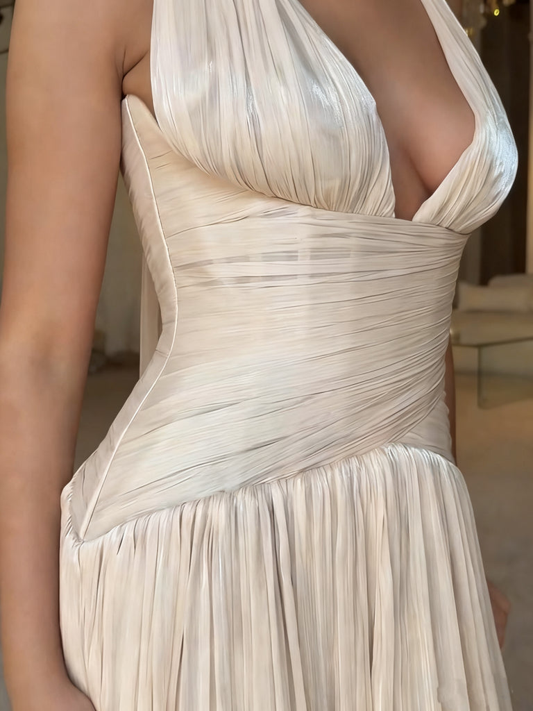 Elegant White V-Neck A-Line Long Prom Dress Ideas, Evening Party Dresses,WGP1744