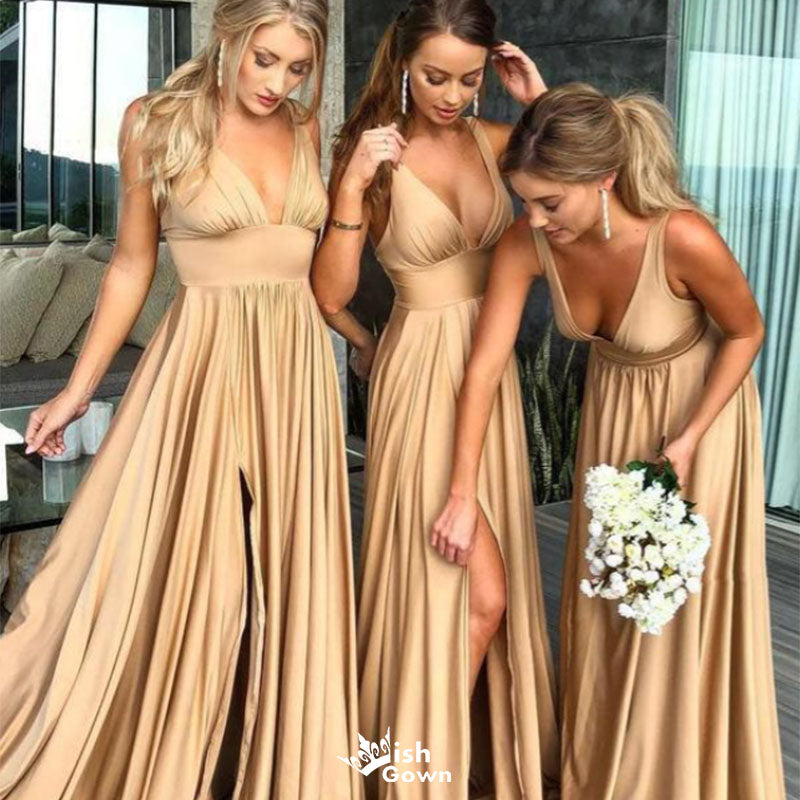 Elegant Champagne Sleeveless A-Line Long Bridesmaid Dresses Online,WGM445