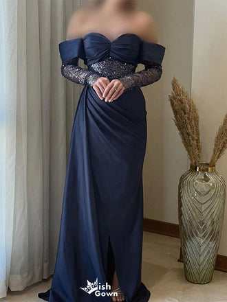 Unique Blue Off-Shoulder Mermaid Long Prom Dress Ideas, Evening Party Dresses,WGP1781