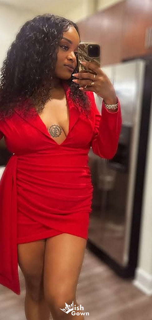 Elegant Long Sleeves V-neck Sheath Short Mini Homecoming Dress,EPT487