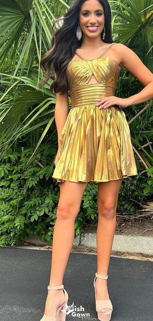 Sexy Gold Spaghetti Strap A-line Short Mini Homecoming Dress,EPT512