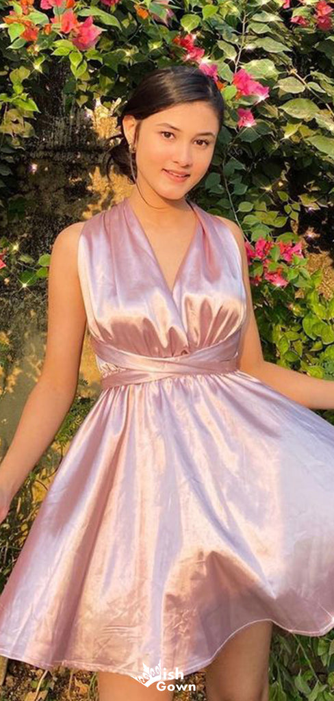 Casual Halter V-neck A-line Short Mini Homecoming Dress,EPT514