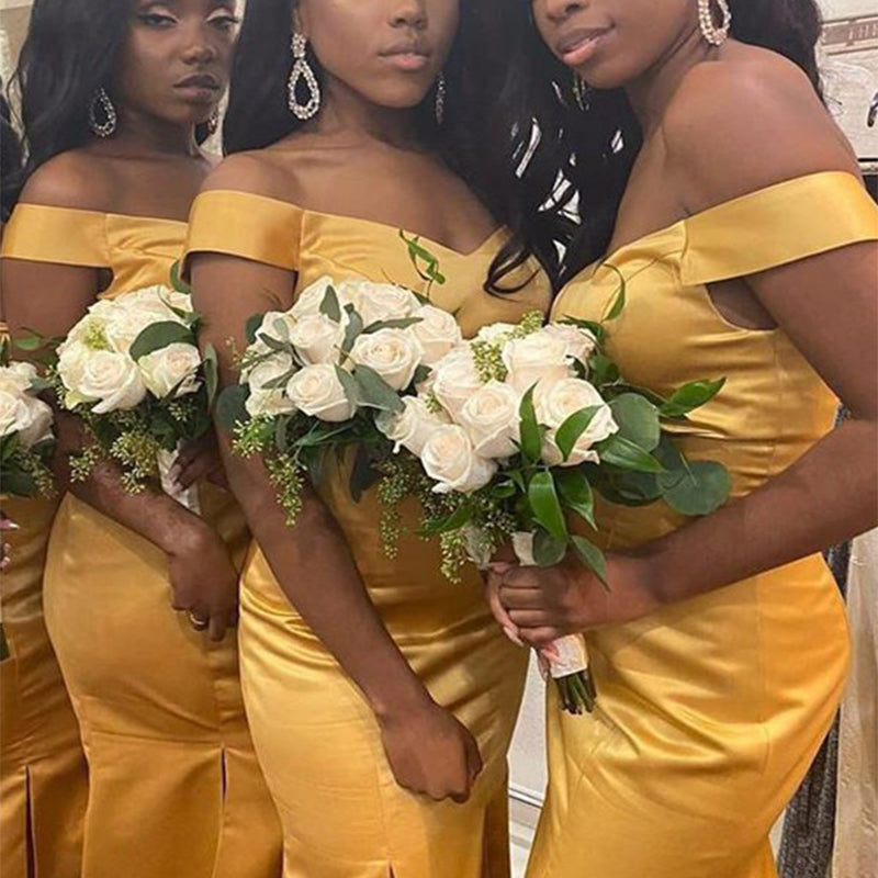 Sexy Golden Off Shoulder Mermaid Side Slit Sleeveless Wedding Guest Bridesmaid Dresses,WGM384