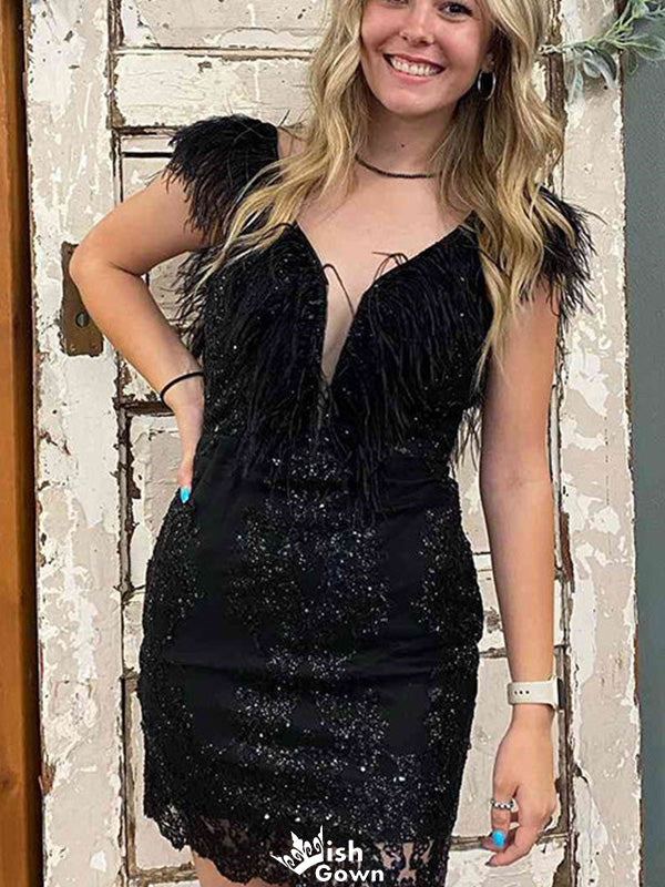 Sexy V-neck Lace Backless Sheath Short Mini Homecoming Dress,EPT336