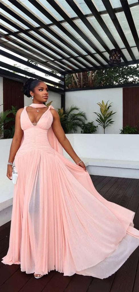 Popular Pink V-Neck A-Line Long Prom Dress Ideas, Evening Party Dresses,WGP1807