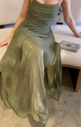 Elegant Green Spaghetti Strap A-Line Long Prom Dress Ideas, Evening Party Dresses,WGP1710