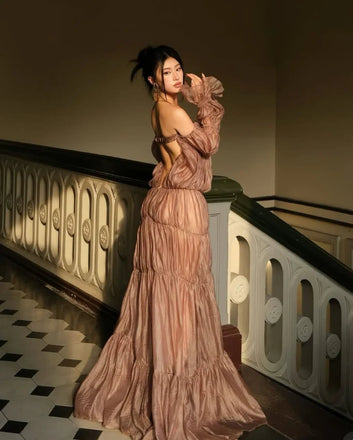 Elegant Brown Long Sleeve A-Line Long Prom Dress Ideas, Evening Party Dresses, WGP2024