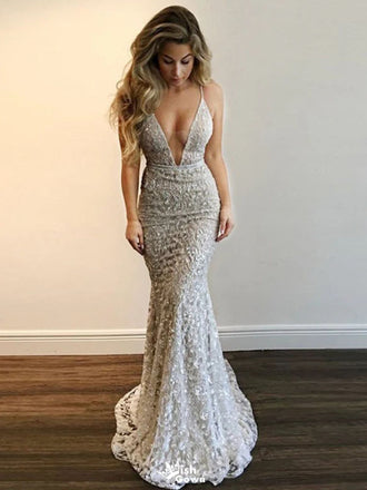 Sexy White V-Neck Mermaid Long Prom Dress Ideas, Evening Party Dresses,WGP1969