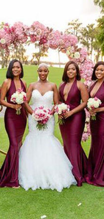 Sexy Dark Red Mermaid Halter V Neck Popular Cheap Maxi Long Wedding Guest Bridesmaid Dresses,WGM326
