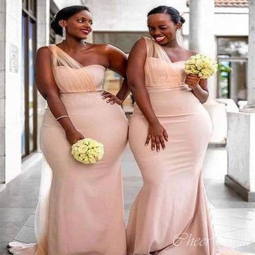 Light Pink Mismatched Mermaid Satin One Shoulder Long Bridesmaid Dresses, WGM091