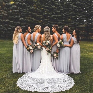 Elegant Gray V-Neck Sleeveless Mermaid A-Line Long Bridesmaid Dresses Online, WGM420