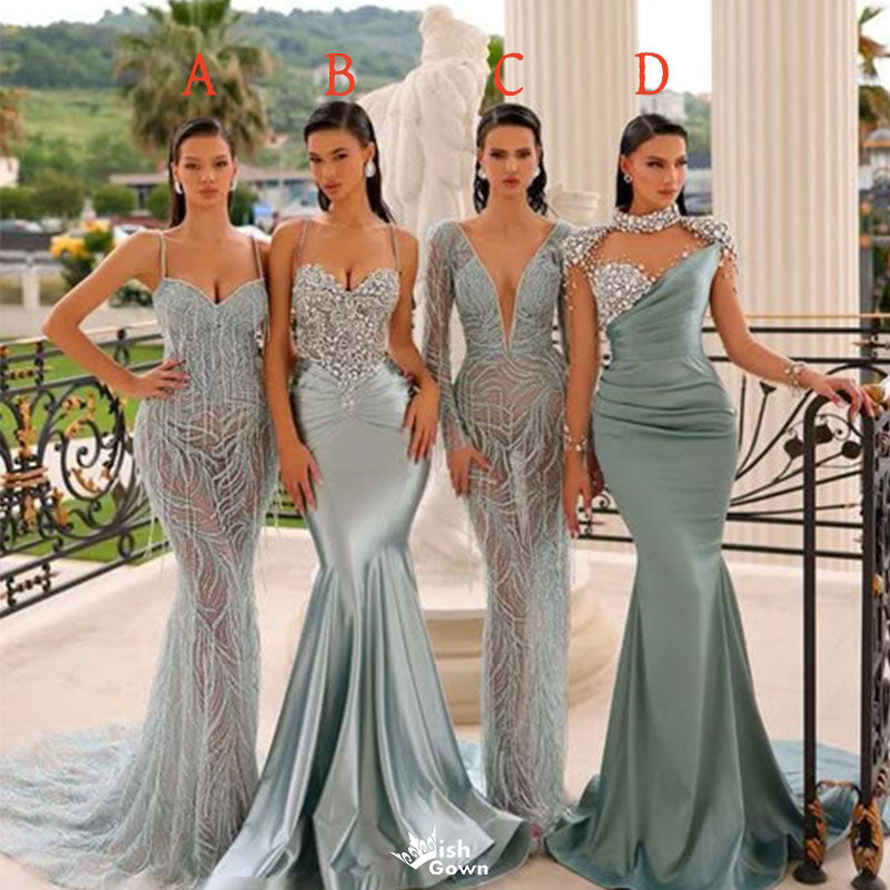 Simple Blue Mismatched Sleeveless Mermaid Long Bridesmaid Dresses Online, WGM423