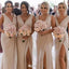 Elegant Beige V-Neck Sleeveless Mermaid Side Slit Long Bridesmaid Dresses Online,WGM434