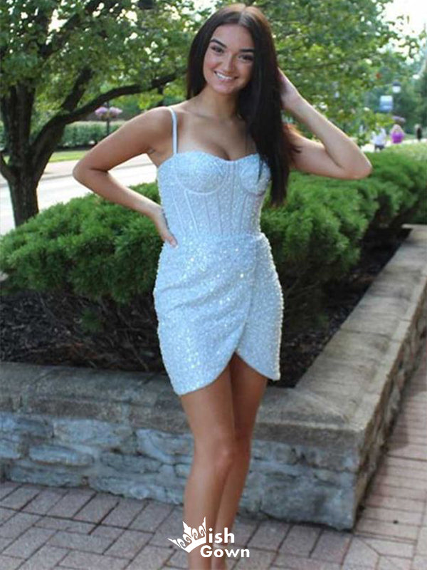 Gorgeous Mermaid Sweetheart Spaghetti Straps Sleeveless Sequin Cheap Short Homecoming Dresses, EPT157