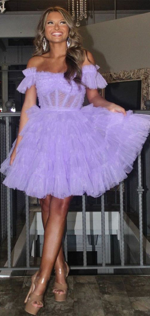 Gorgeous Lavender Off Shoulder Sweetheart Sleeveless Lace Up Cheap Short Homecoming Dresses, EPT167