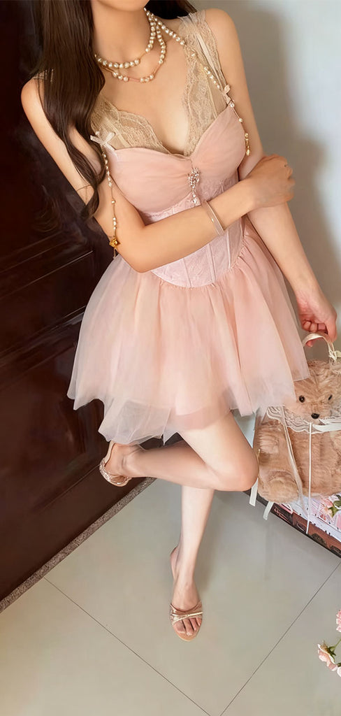 Sexy Pink V-Neck Sleeveless A -Line Lace Short Homecoming Dresses For Party , EPT665