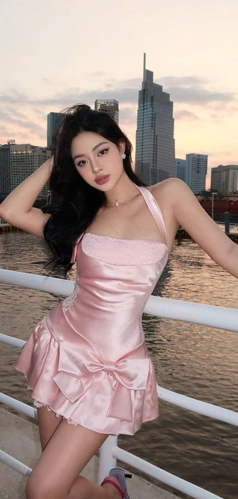 Elegant Pink Halter Strap A-Line Short Homecoming Dresses For Birthday Party, EPT705