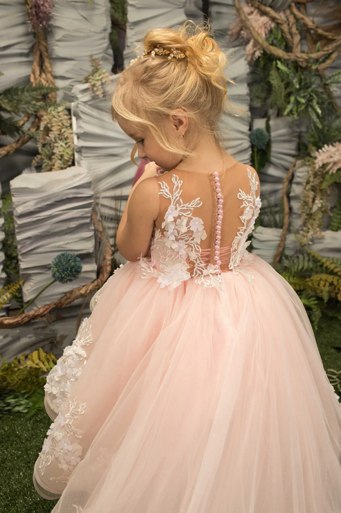 Unique Pink High Low Sleeveless Floral Long A-Line Flower Girl Dress,FG030