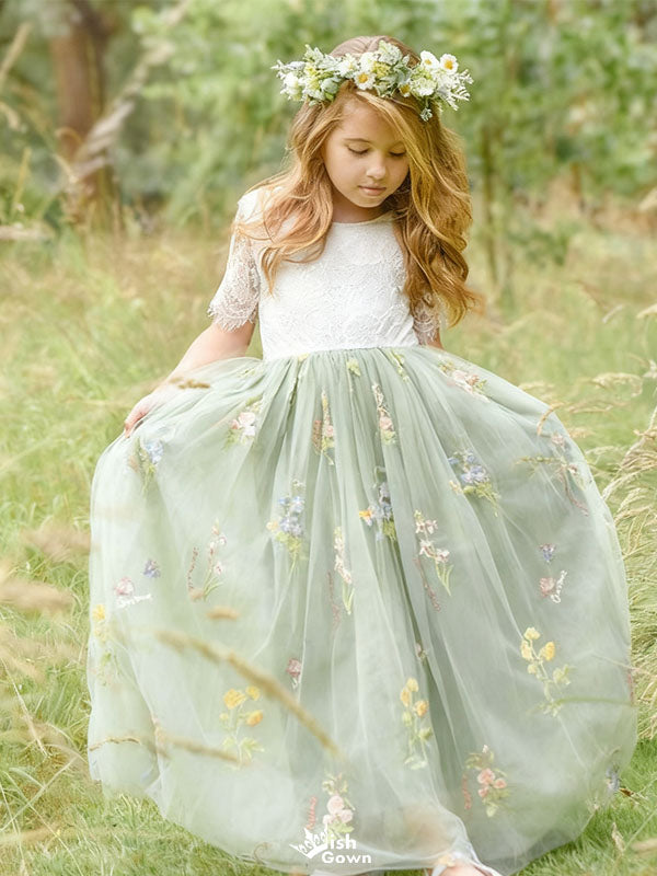 Elegant Green Jewel Short Sleeve Floral Long A-Line Flower Girl Dress , FG028
