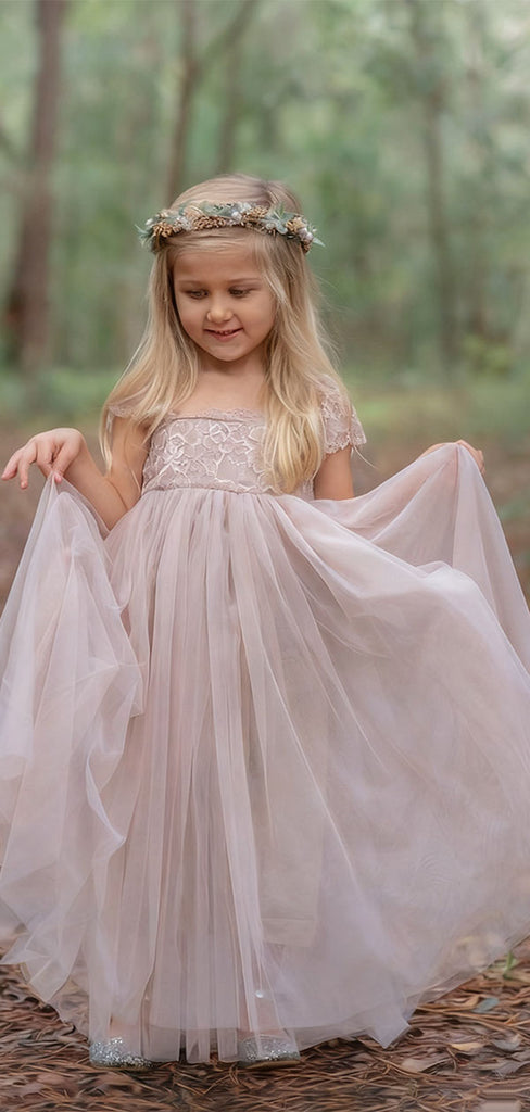 Cute Pink Short Sleeve Floral Long A-Line Flower Girl Dress, FG029