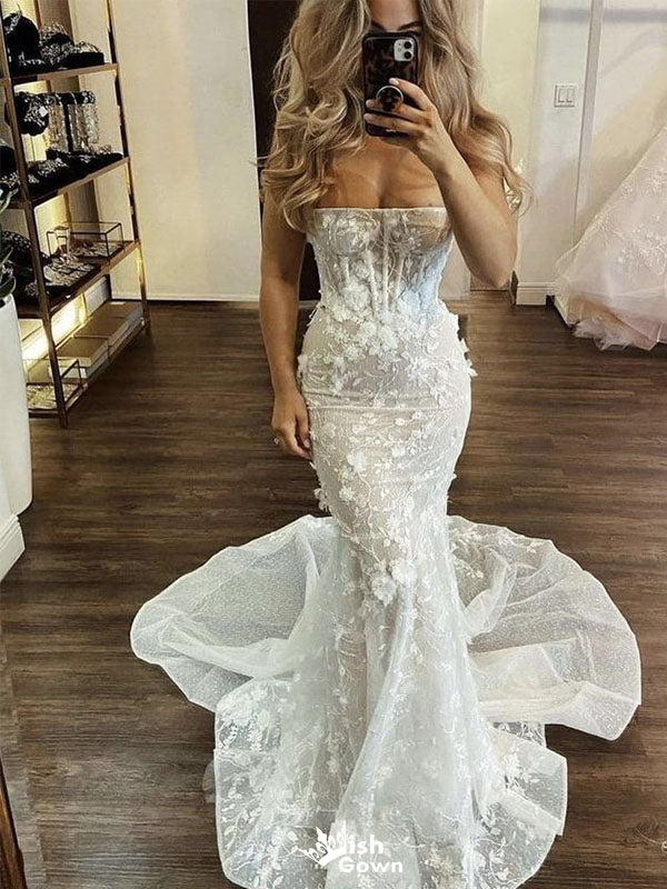 Sexy White Sweetheart Mermaid Long Wedding Dresses With Sweep Trailing ,WDH173